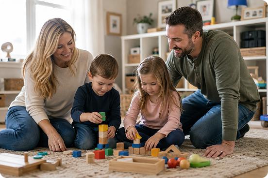 A parent playing with a child in a playroom